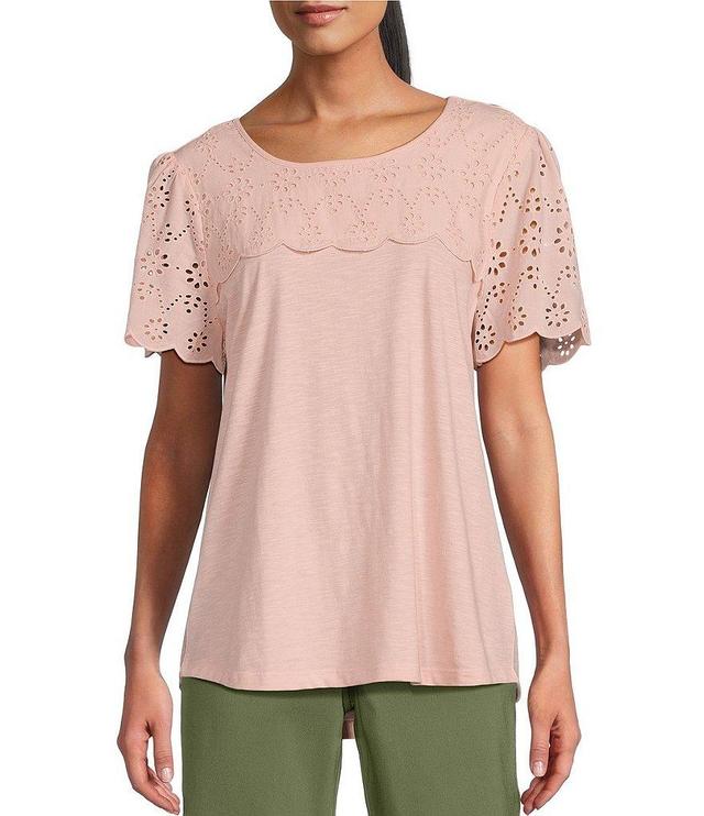 Allison Daley Petite Size Eyelet Detail Short Sleeve Crew Neck Knit Top Product Image