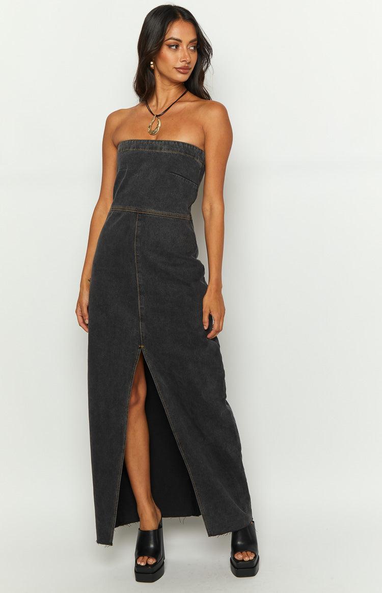 Romey Black Denim Strapless Maxi Dress Product Image