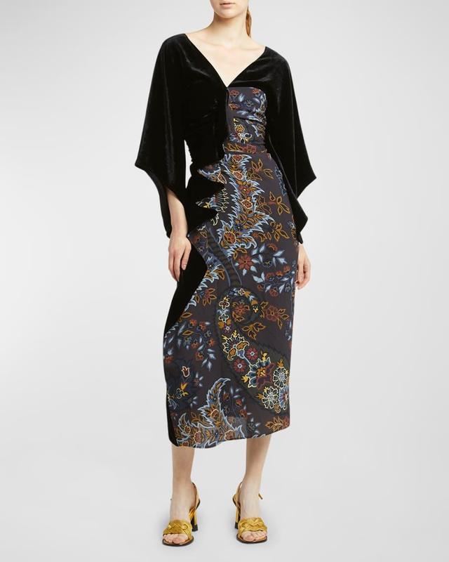 Winter Garden Paisley-Print Ruffle Velvet Midi Kimono Dress Product Image