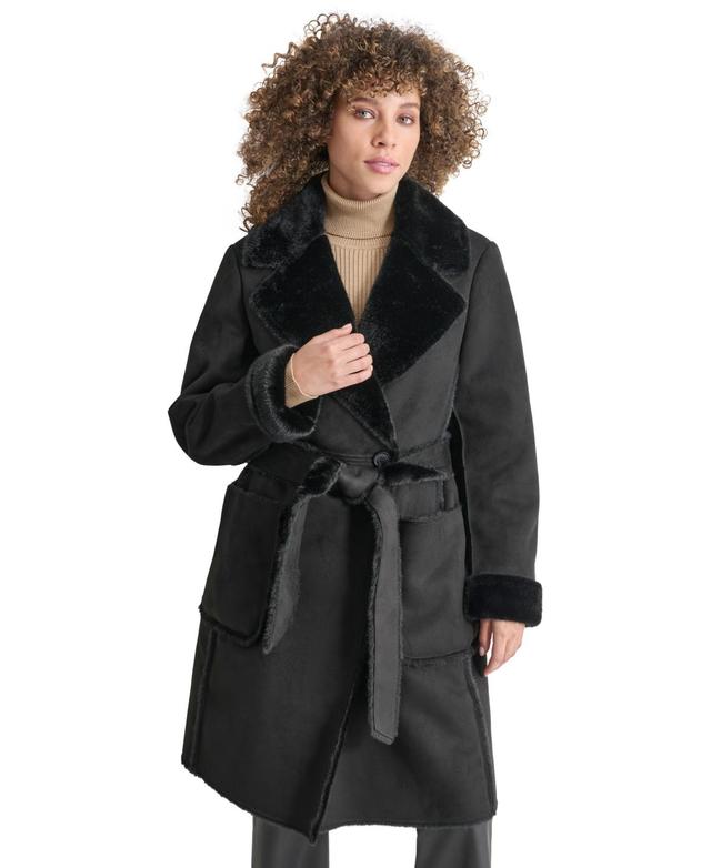 Dkny Womens Belted Notched-Collar Faux-Shearling Coat, Created for Macys Product Image