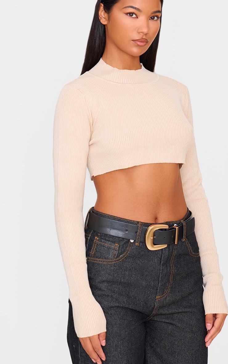 Oatmeal Knitted Cropped Crew Neck Sweater Product Image