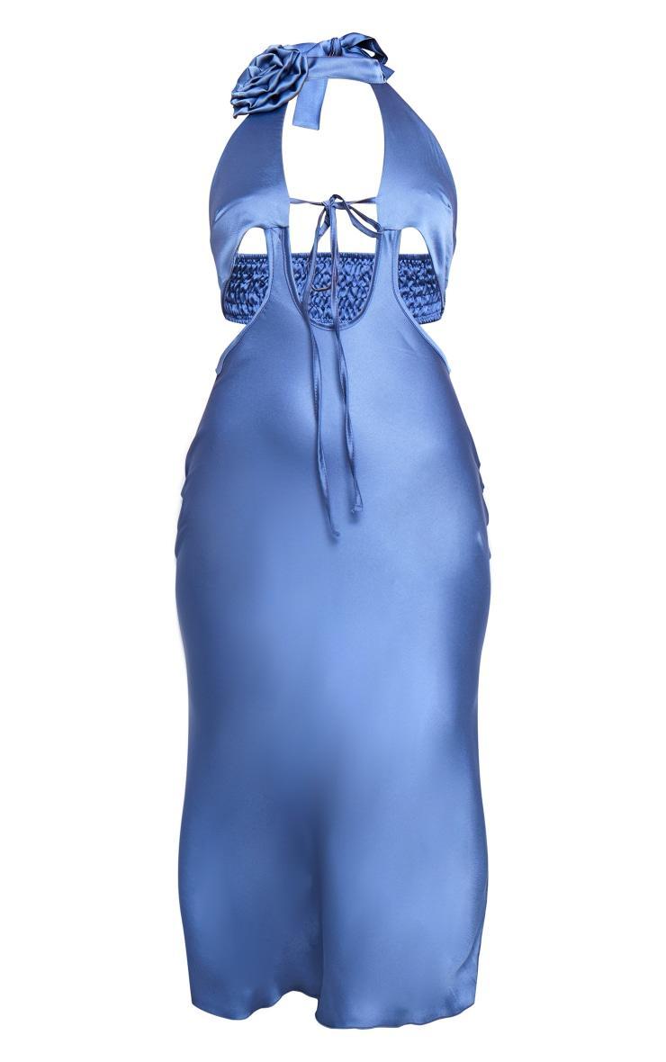 Mineral Blue Satin Rose Applique Cut Out Detail Midi Dress Product Image