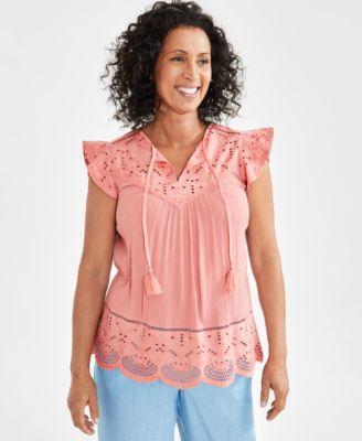 Style & Co Petite Lace-Trim Mixed Media Top, Created for Macys Product Image