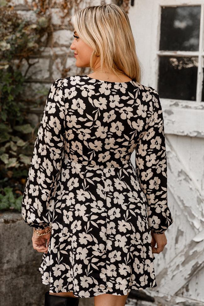 Look Forward To Fun Black Floral Satin Tie Front Long Sleeve Mini Dress FINAL SALE Product Image