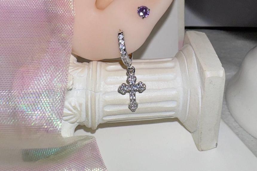 CZ Cross Drop Huggie Earring / Ear Cuff Product Image