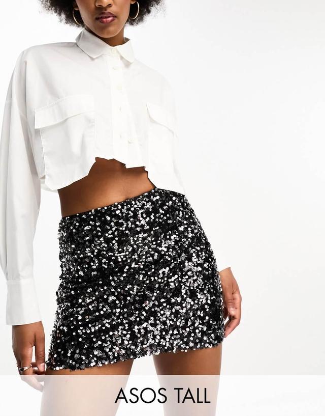 ASOS DESIGN Tall sequin mini skirt in black Product Image