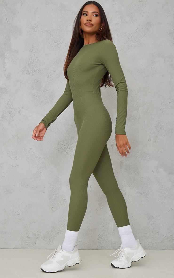 Moss Khaki Rib Long Sleeve Thumb Hole Jumpsuit Product Image