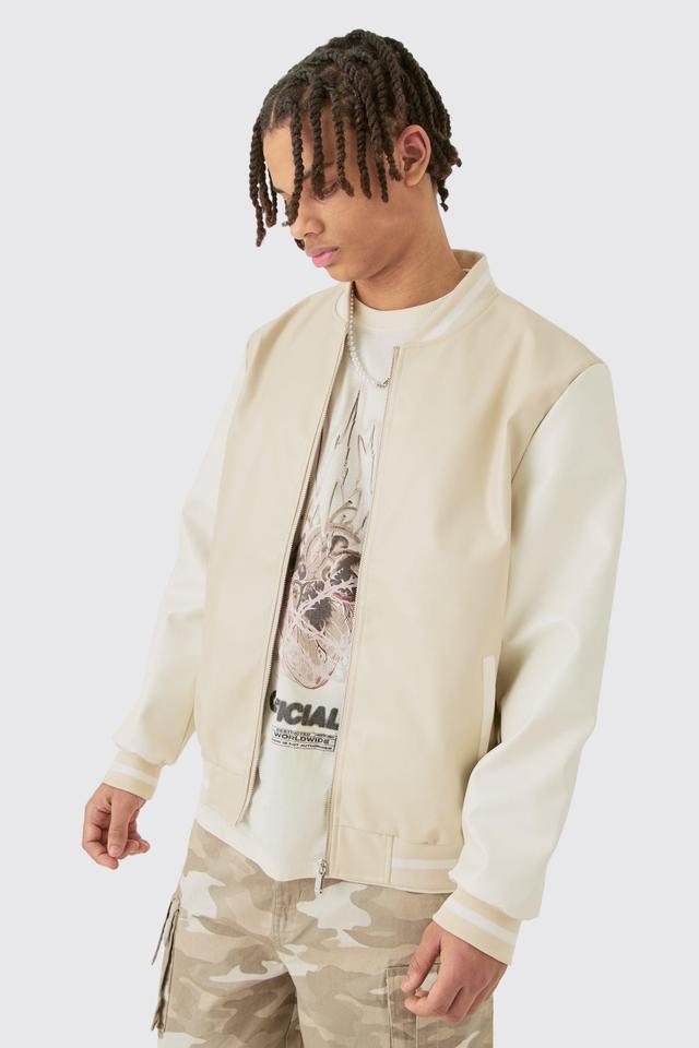 Plain PU Varsity Jacket In Beige | boohooMAN USA Product Image