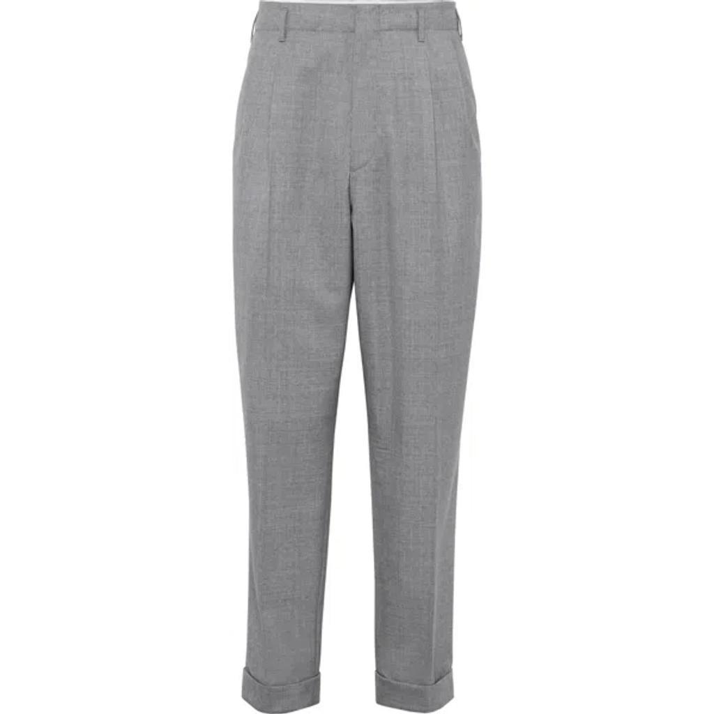 BRUNELLO CUCINELLI Straight-leg Pleated Puppytooth Linen Suit Trousers In Gray Product Image