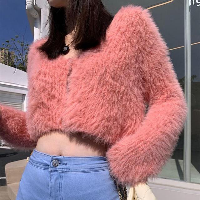 Fluffy Long Sleeve V-Neck Crop Cardigan Sweater Product Image