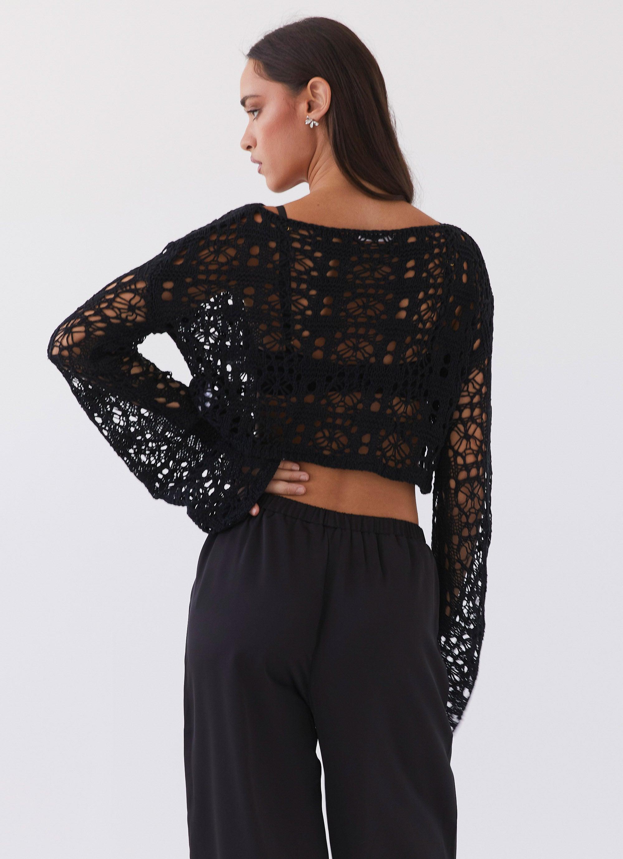 Free Mind Crochet Long Sleeve Top - Black Product Image