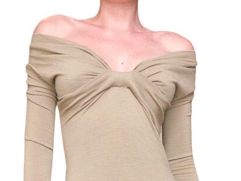 Long Sleeve V-Neck Plain Ruched Front Tee Product Image