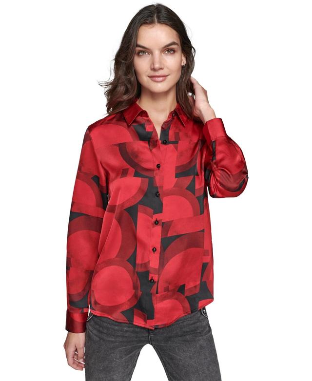 Karl Lagerfeld Paris Womens Geo-Print Satin Button-Front Top Product Image