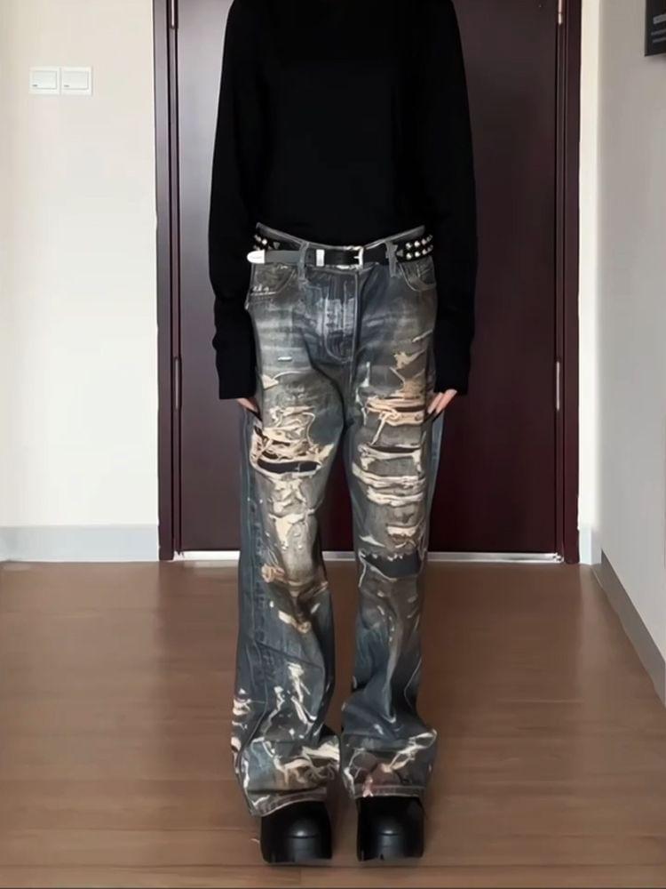 Low Rise Patterned Ripped Wide Leg Jeans Product Image