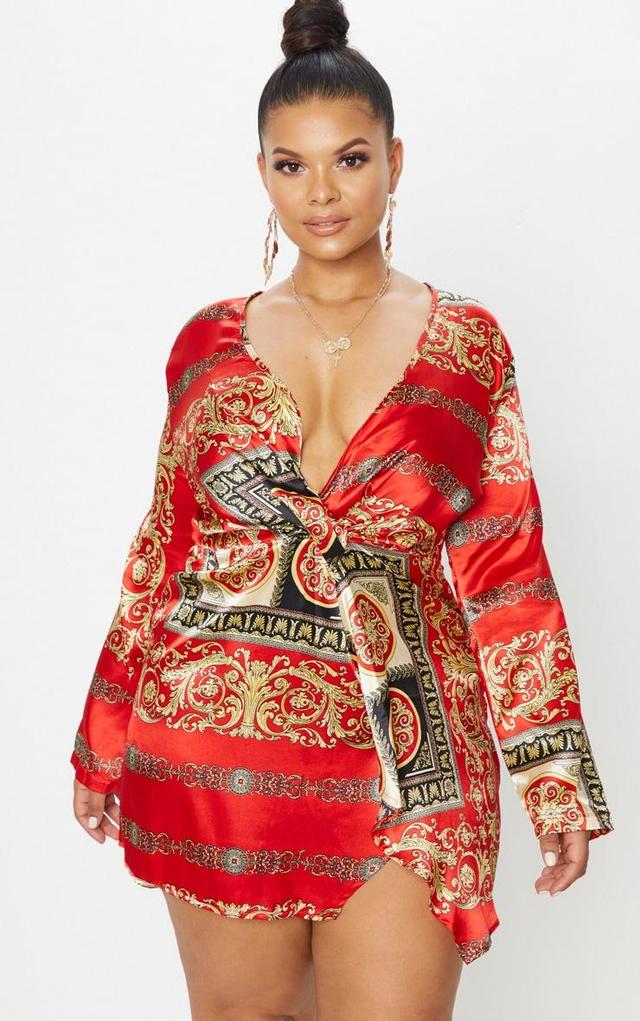 Plus Red Printed Satin Long Sleeve Wrap Dress Product Image