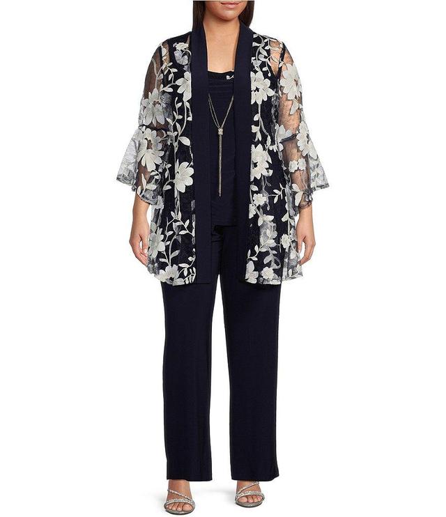 R & M Richards Plus Size 3/4 Bell Sleeve Crew Neck Embroidered Sequin Lace 3-Piece Pant Set Product Image