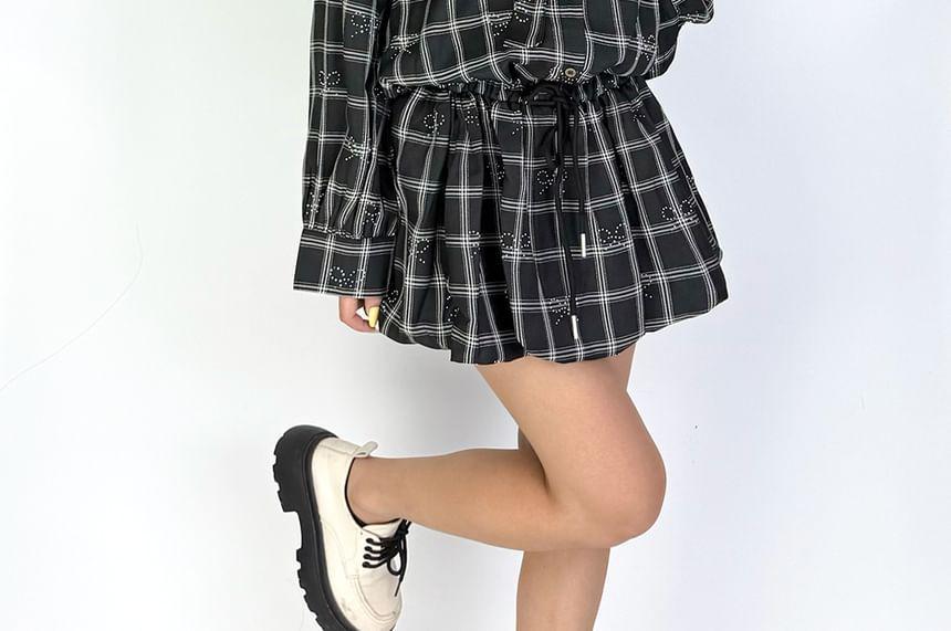 Long Sleeve V-Neck Plaid Bow Drawstring Mini A-Line Dress Product Image