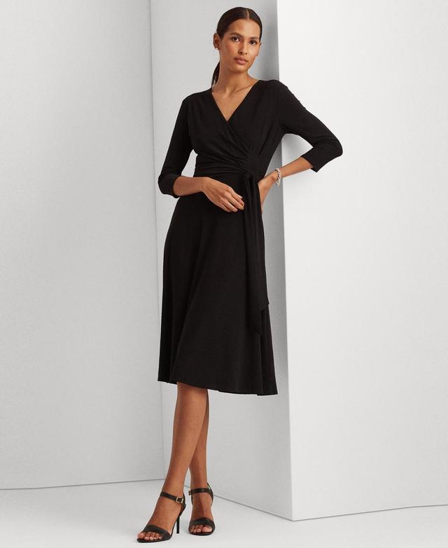 Lauren Ralph Lauren Carlyna Wrap Front V-Neck 34 Sleeve Jersey Machine Washable Midi Dress Product Image