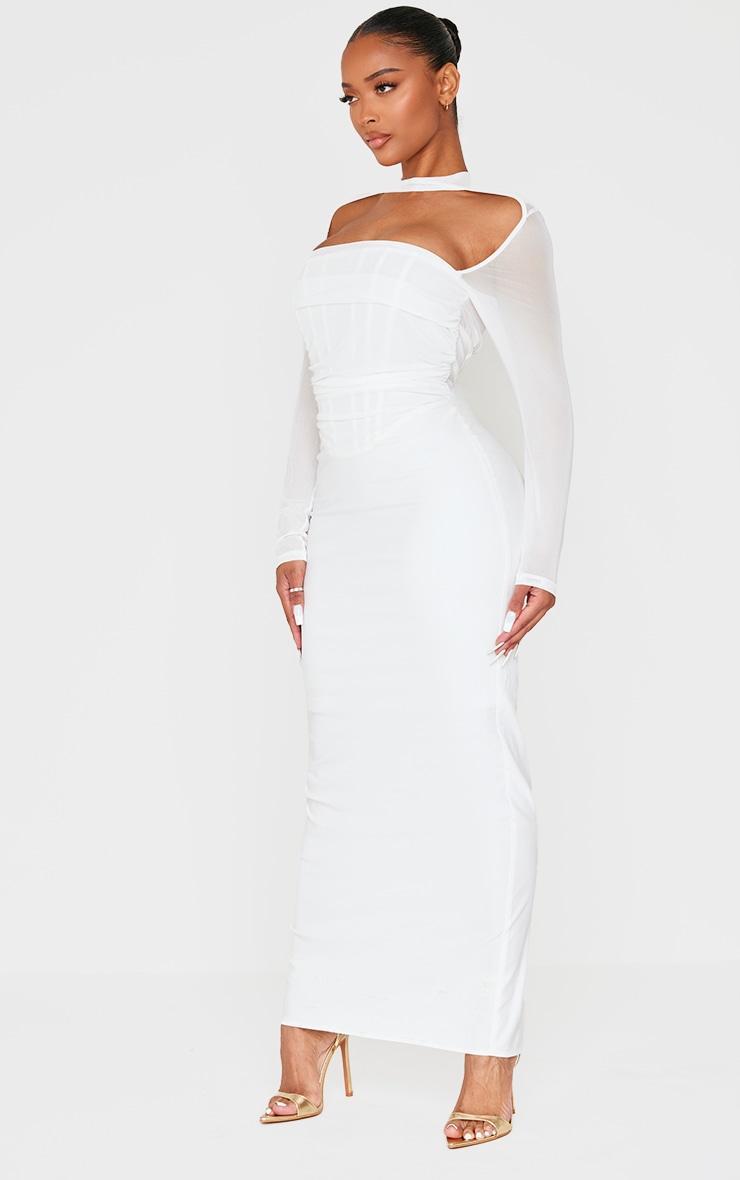 Shape White Mesh Long Sleeve Ruched Corset Maxi Dress Product Image