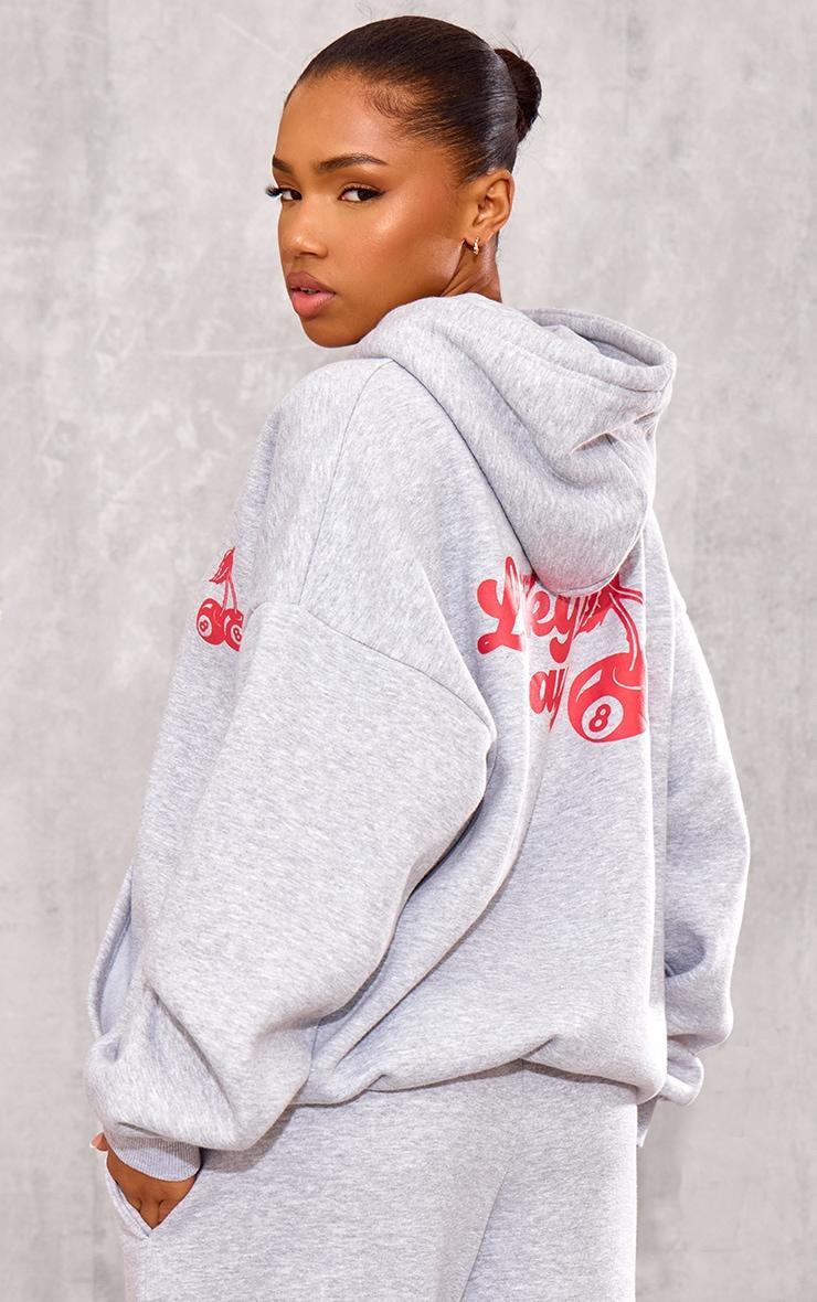 Grey Marl Cherry Print Oversized Hoodie Product Image