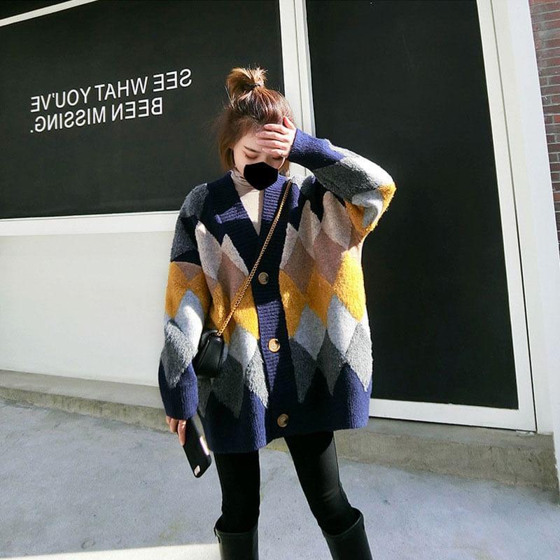 V-Neck Color Block Cardigan Product Image