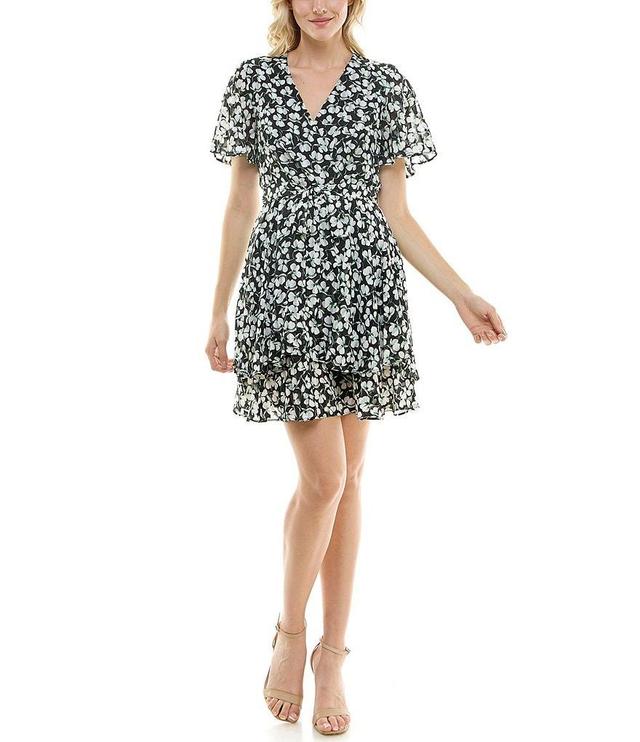 Maison Tara Short Flutter Sleeve V-Neck Floral Tie Waist Dress Product Image