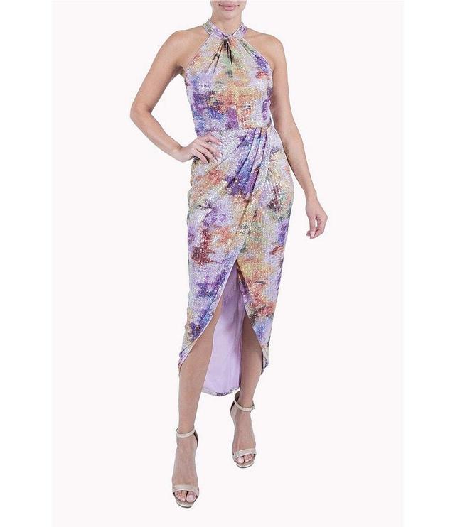 Julia Jordan Stretch Printed Sequin Mesh Twist Halter Neck Keyhole Back Sleeveless Faux Wrap Midi Dress Product Image