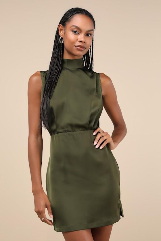 Classic Elegance Olive Satin Sleeveless Mock Neck Mini Dress Product Image