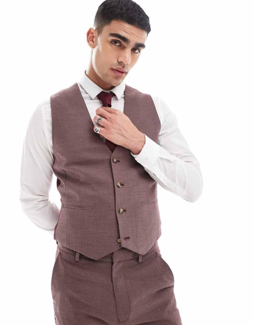 ASOS DESIGN wedding skinny suit vest in burgundy microtexture Product Image