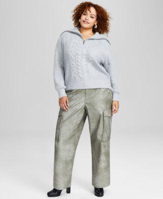 Trendy Plus Size Zip-Collar Sweater & Faux-Leather Cargo Pants, Created for Macy's  Product Image