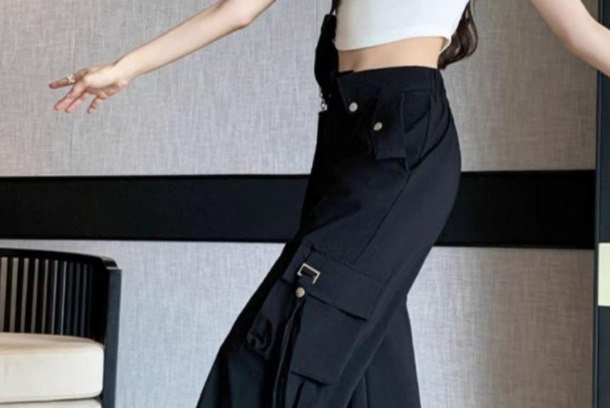 High Waist Plain Wide Leg Cargo Pants Product Image