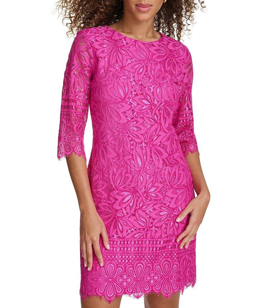 Kensie 3/4 Illusion Sleeve Contrasting Corded Floral Lace Scalloped Hem Sheath Dress Product Image