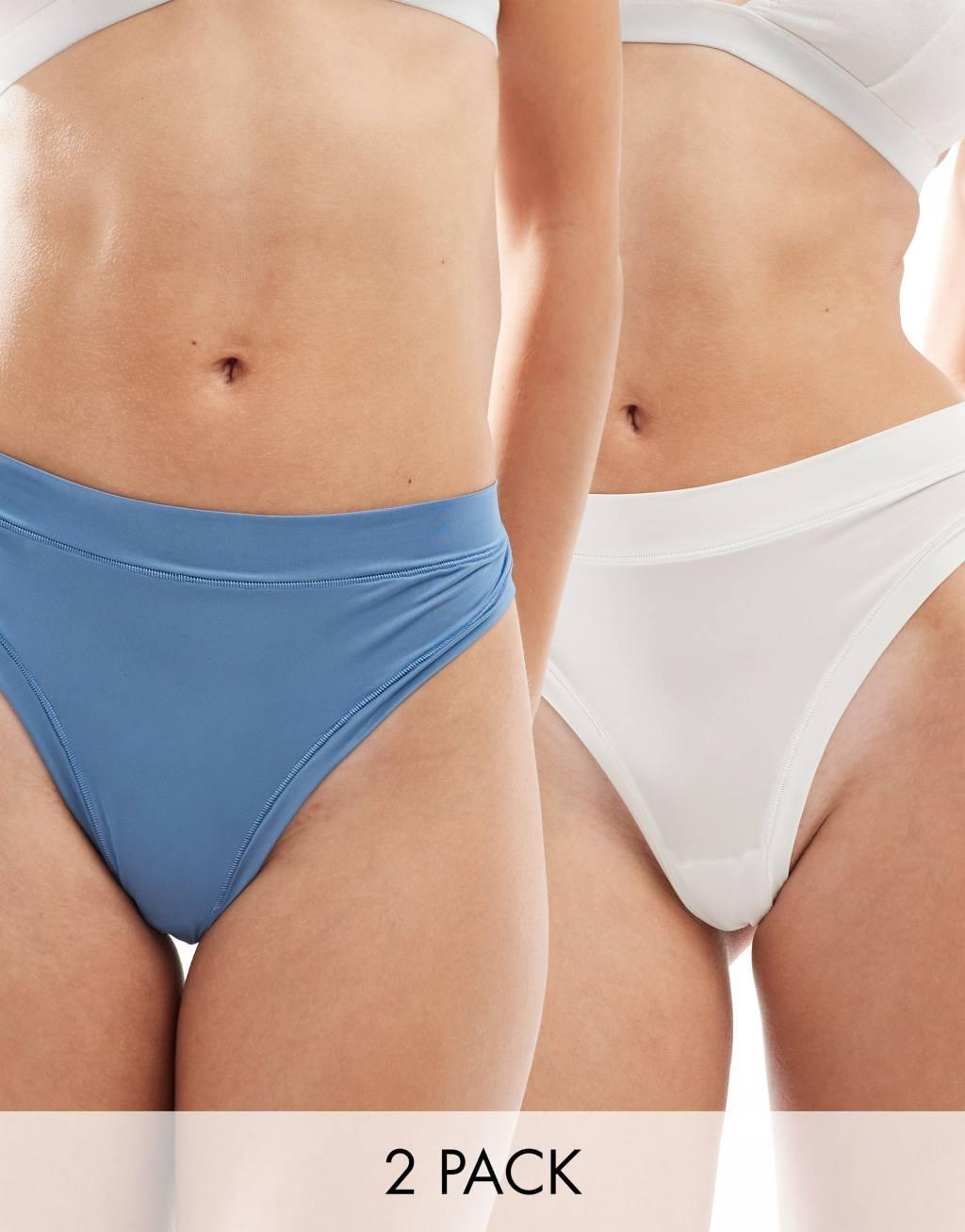 ASOS DESIGN Bella 2 pack super soft high waist thong in dove blue & white Product Image