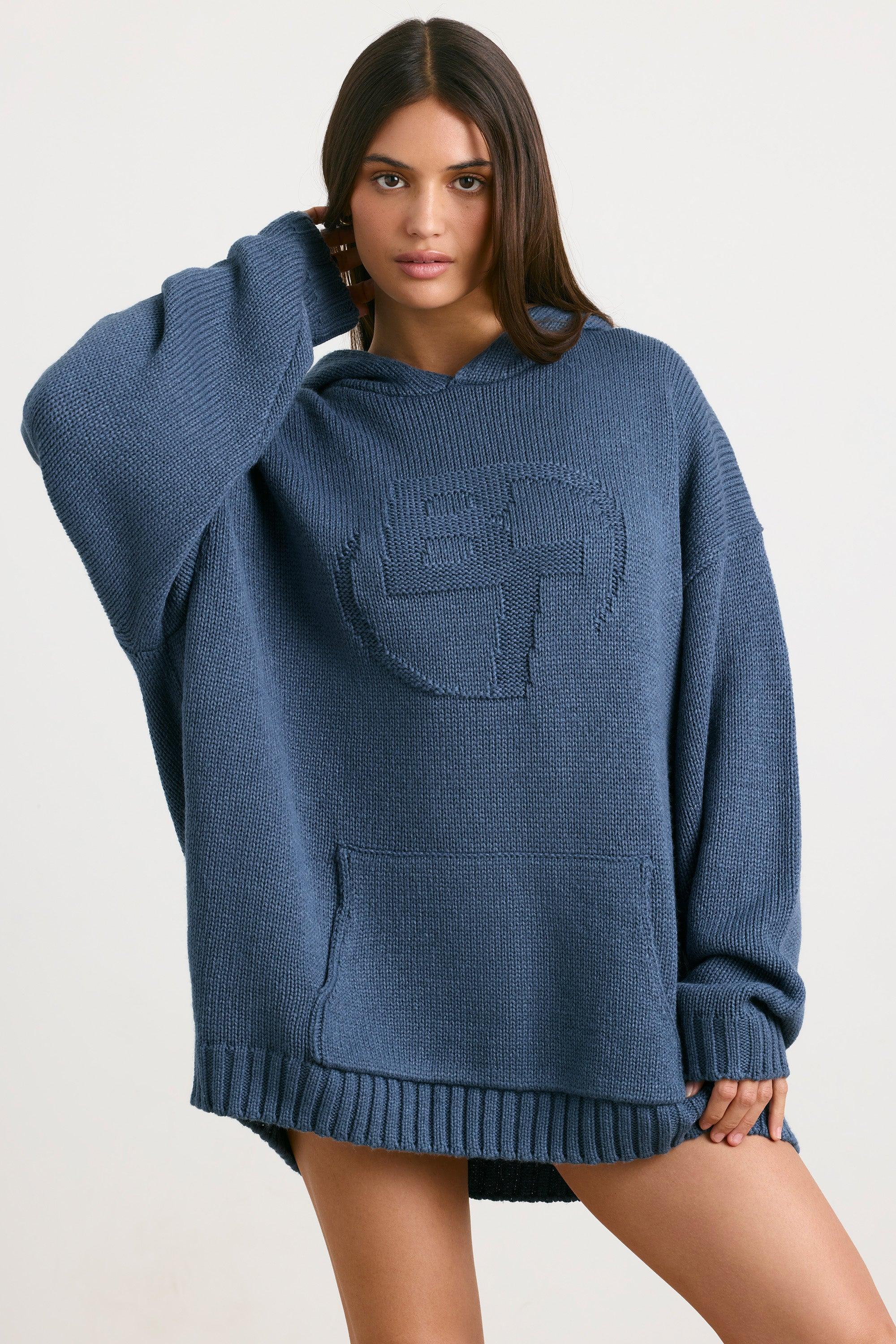 Oversized Chunky Knit Hoodie in Washed Navy Product Image