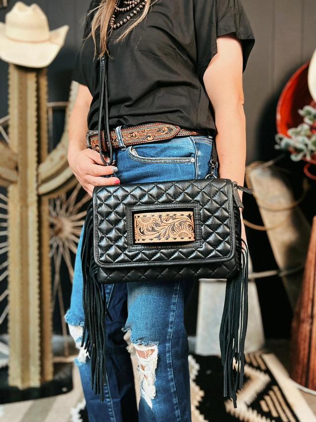 Darling Quilted Black Leather Clutch Bag With Fringe Product Image