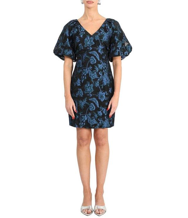 Adelyn Rae Floral Print Jacquard V-Neck Puff Sleeve Sheath Dress Product Image