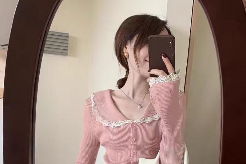 Peter Pan Collar Lace Trim Ribbed Button-Up Cardigan Product Image