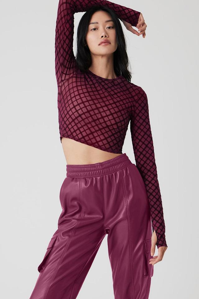 Mesh Plaid Cropped Long Sleeve Top - Wild Berry Female Product Image