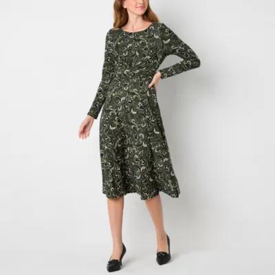 Perceptions Womens Long Sleeve Paisley Midi Fit + Flare Dress Product Image