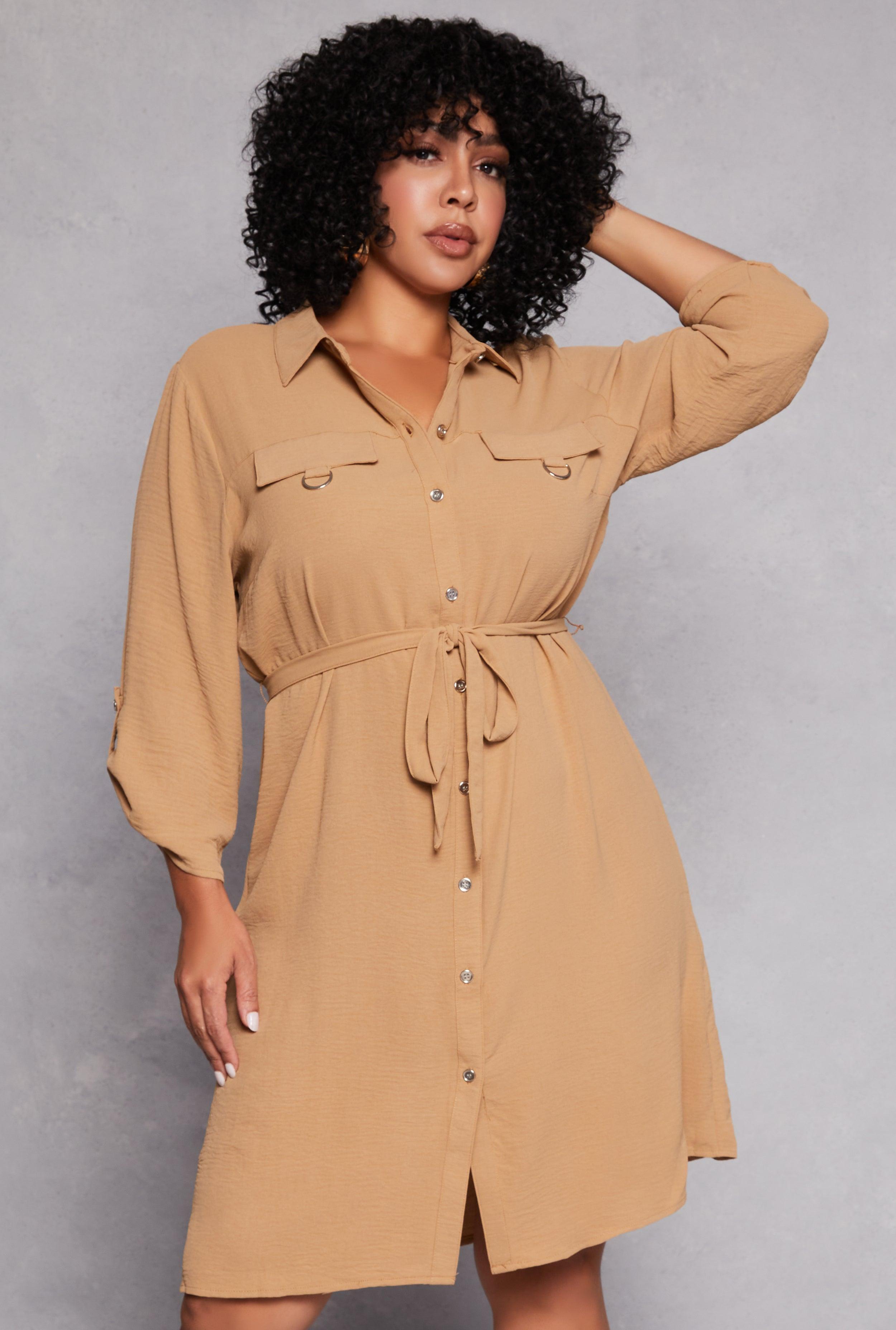 Womens Plus Size Crepe Knit Tie Waist Shirt Dress Product Image