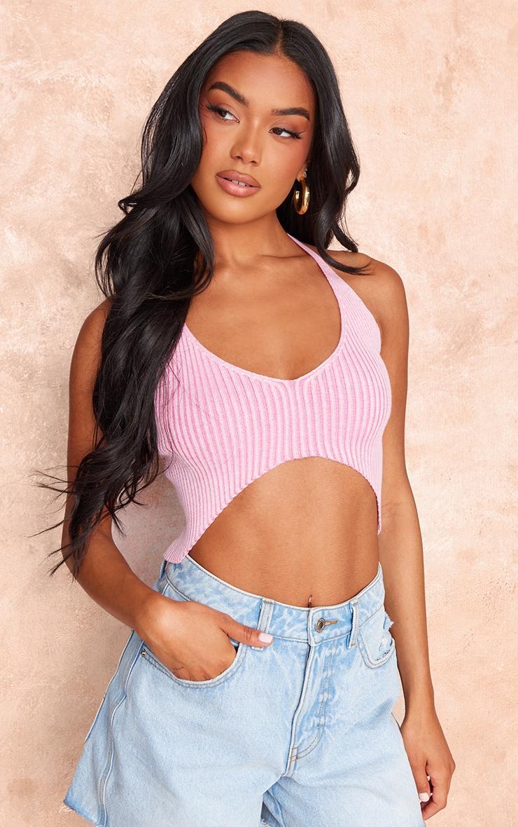 Pink Rib Knit Cut Out Halterneck Top Product Image