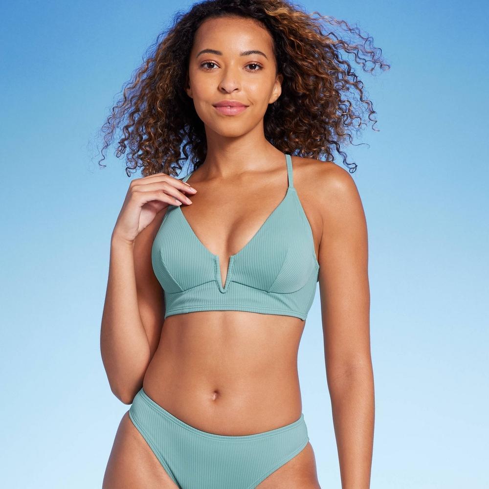 Women's Ribbed Longline V-Wire Bikini Top - Shade & Shore™ Green 38D Product Image