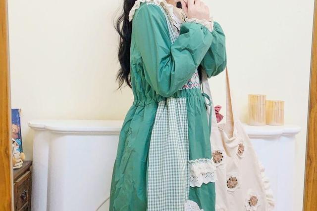 Long-Sleeve Peter Pan Collar Floral Print Gingham Panel Embroidered Applique Lace Trim Midi Tunic Dress Product Image