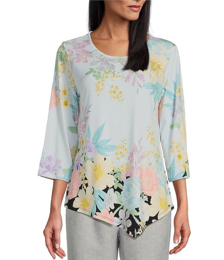 Allison Daley Embellished Floral Print 3/4 Sleeve Crew Neck Asymmetric Hem Knit Top Product Image