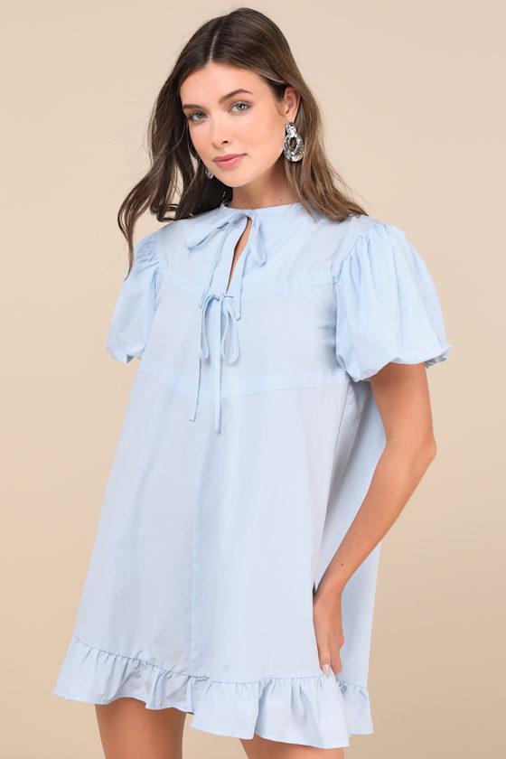 Darling Drawstring Blue Puff Sleeve Shift Mini Dress product image