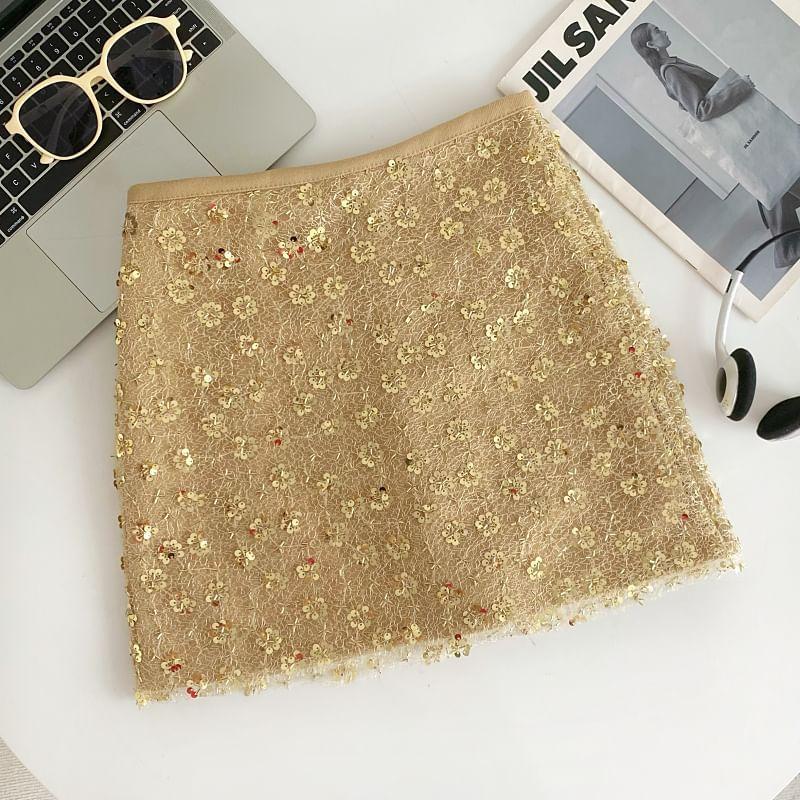 High Waist Sequined A-Line Mini Skirt Product Image