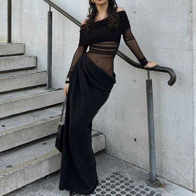 Long-Sleeve Off Shoulder Mesh Maxi Sheath Dress Product Image