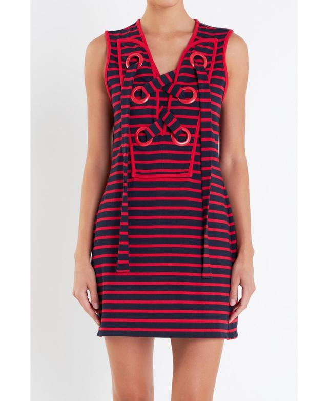 English Factory Womens Striped Knit Lace Up Dress - Navy Product Image