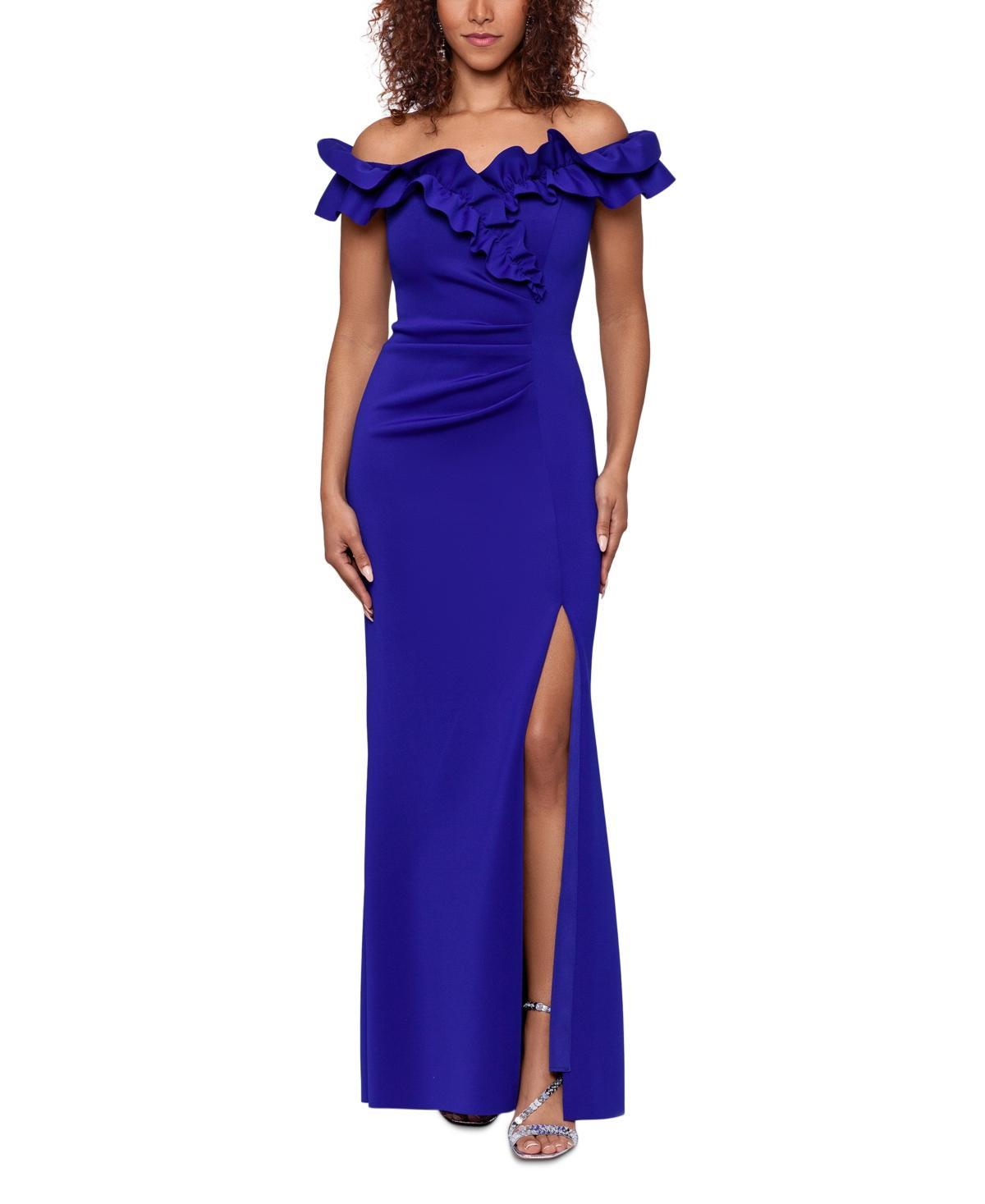 Xscape Stretch Ruffle Off-the-Shoulder Ruched Back Gown Product Image