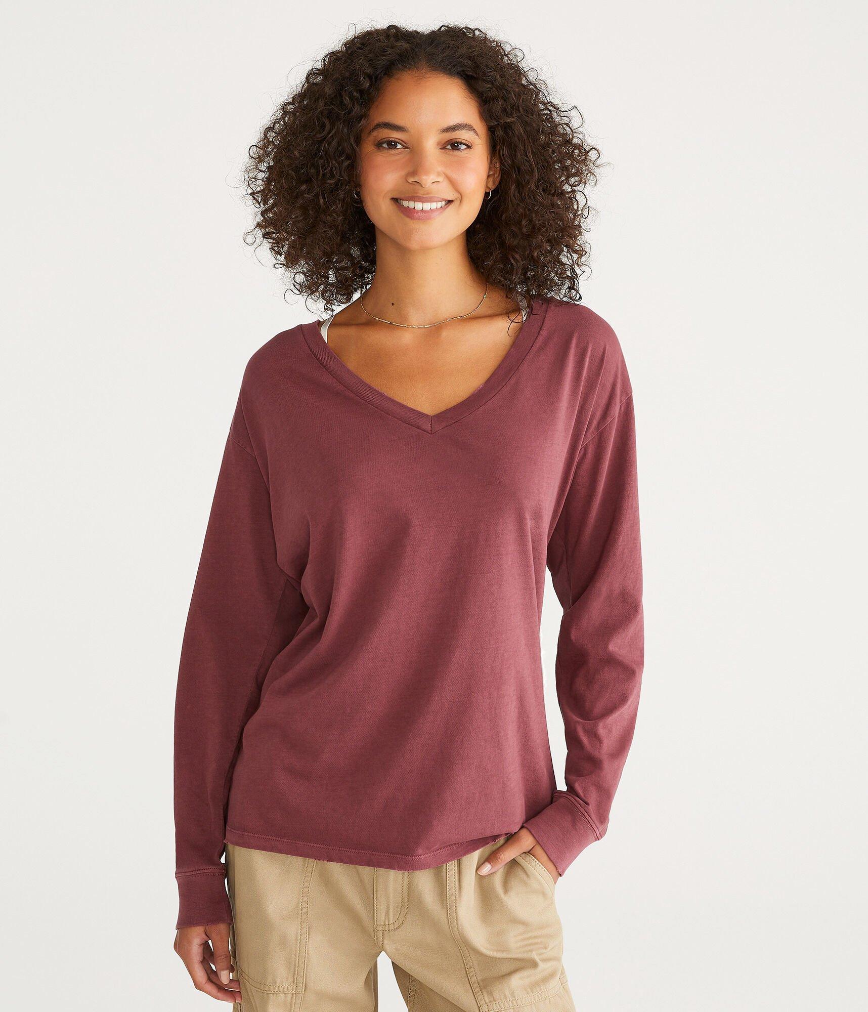 Long Sleeve Washed Loose Fit V-Neck Tee Product Image